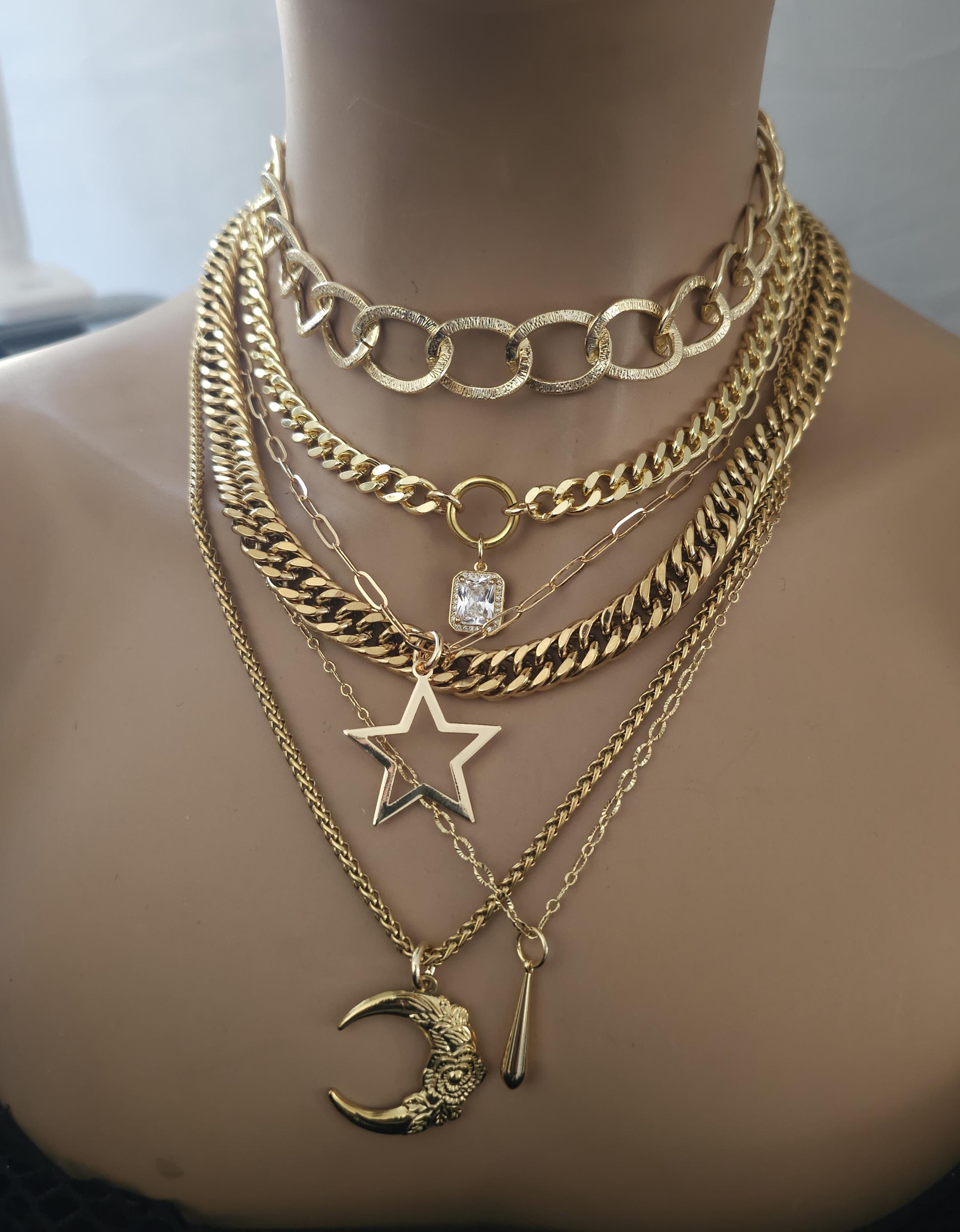 Gold Layered Bold Maximalist Necklace Set Moon & Star Pendants