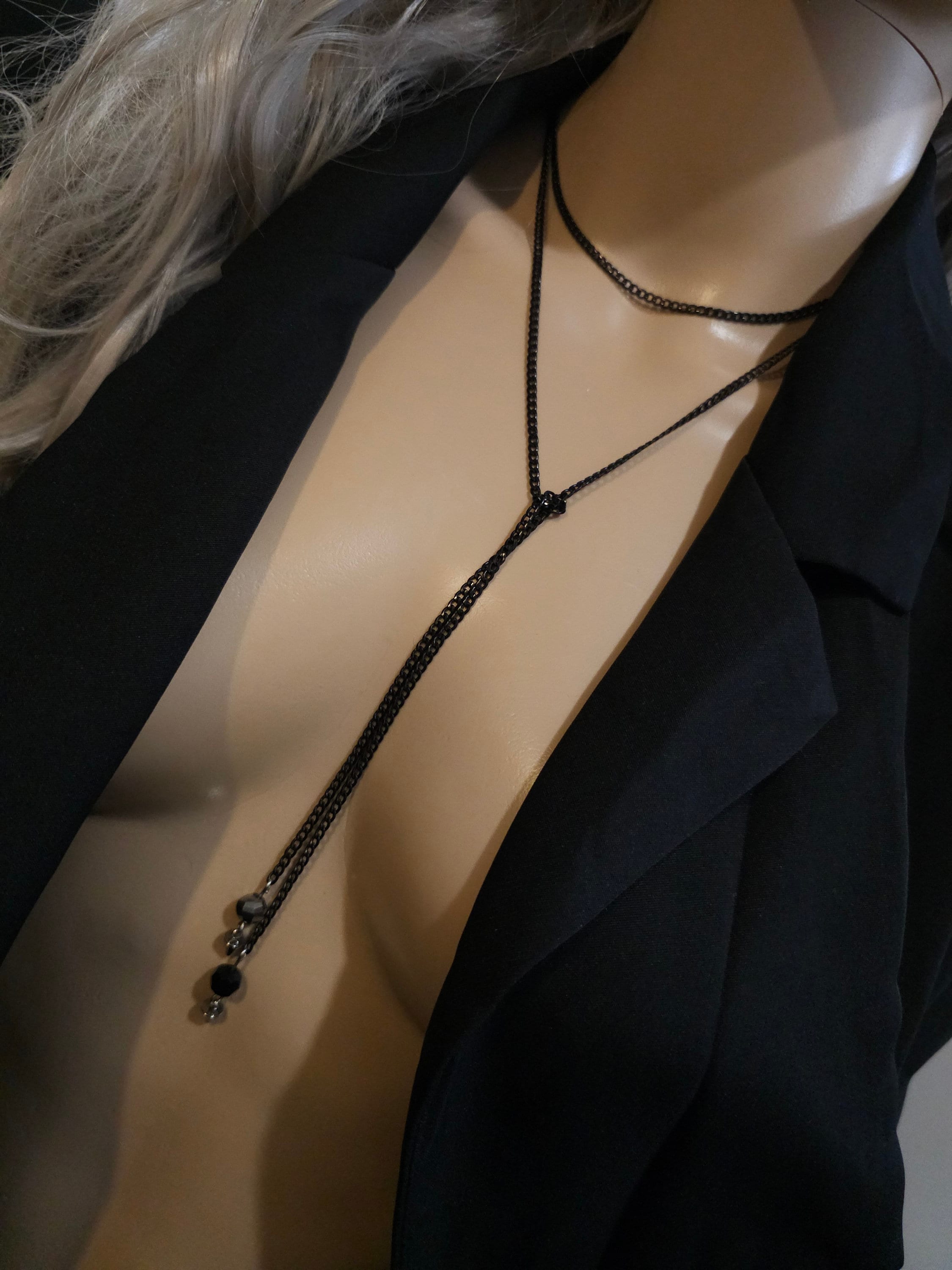 Gothic Black Steel Layered Fidget Necklace Wrap with Austrian Crystal - Long Layered Necklace, beaded drop handmade jewelry gift for her