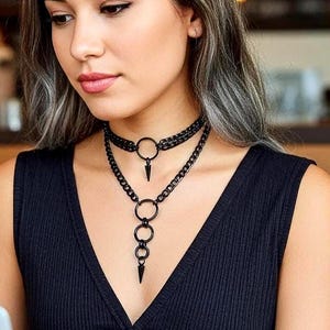 Black Steel Collar Style Gothic Choker Layered Spike Necklace Set