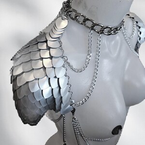 Metal Silver Shoulder Armor, Fantasy Scalemail Dragon Scale Womens Armor, Royal Fae Gala Fairytale Costume, Viking, Fairy Cosplay, Bookish