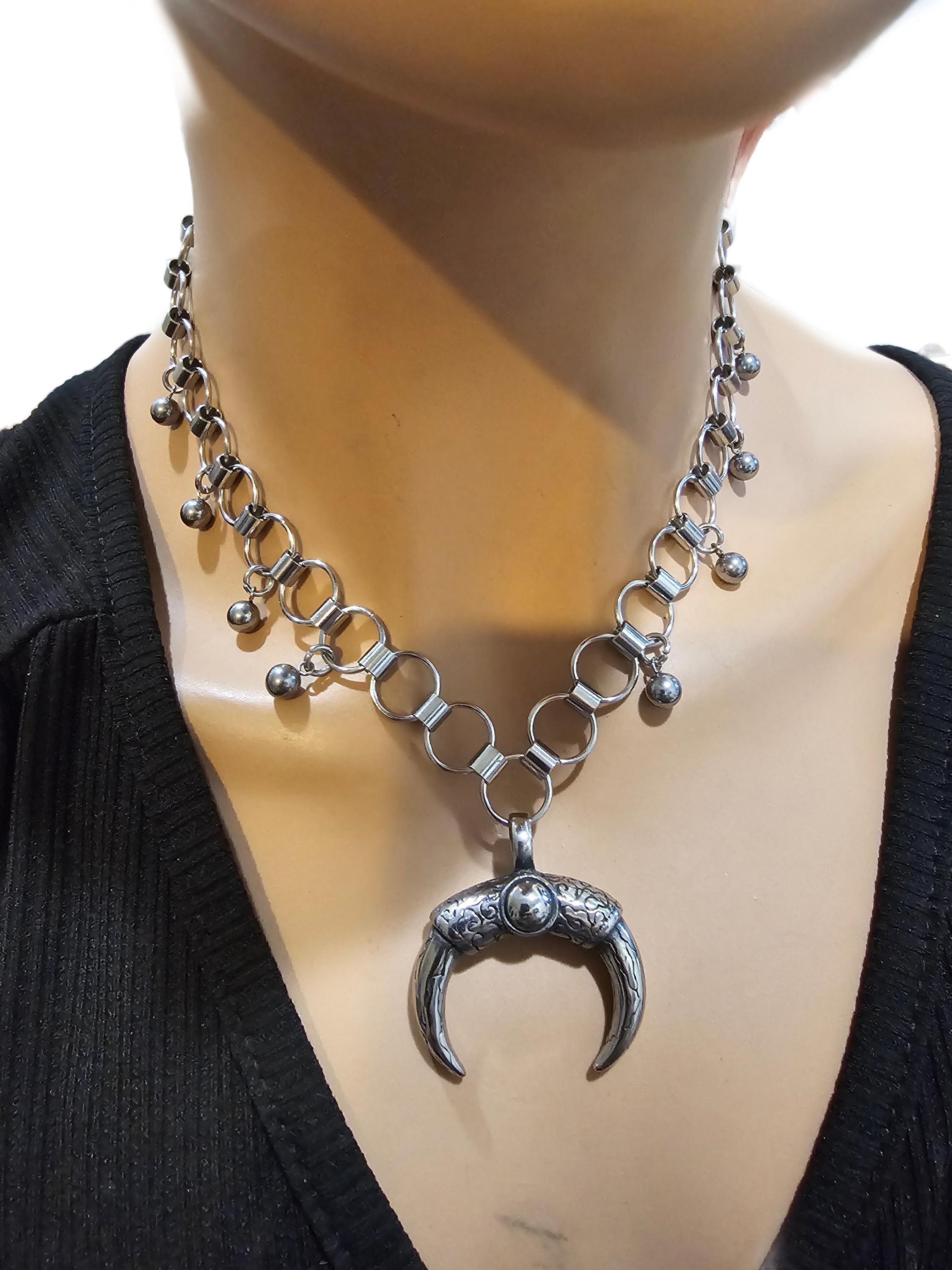 Double Horn Crescent Moon Chainmail Choker: Stainless Steel Gothic 