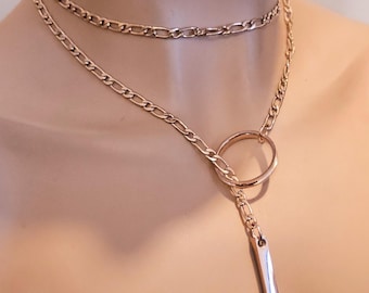 Rose Gold Plated Steel Adjustable Lariat Layered Necklace with Bar Pendant - Day Collar Style