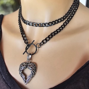 Heart Pendant Toggle Choker Wrap Goth Punk Steel Necklace, Dark Academia Aesthetic handmade jewelry gift, silver plated micro pave heart