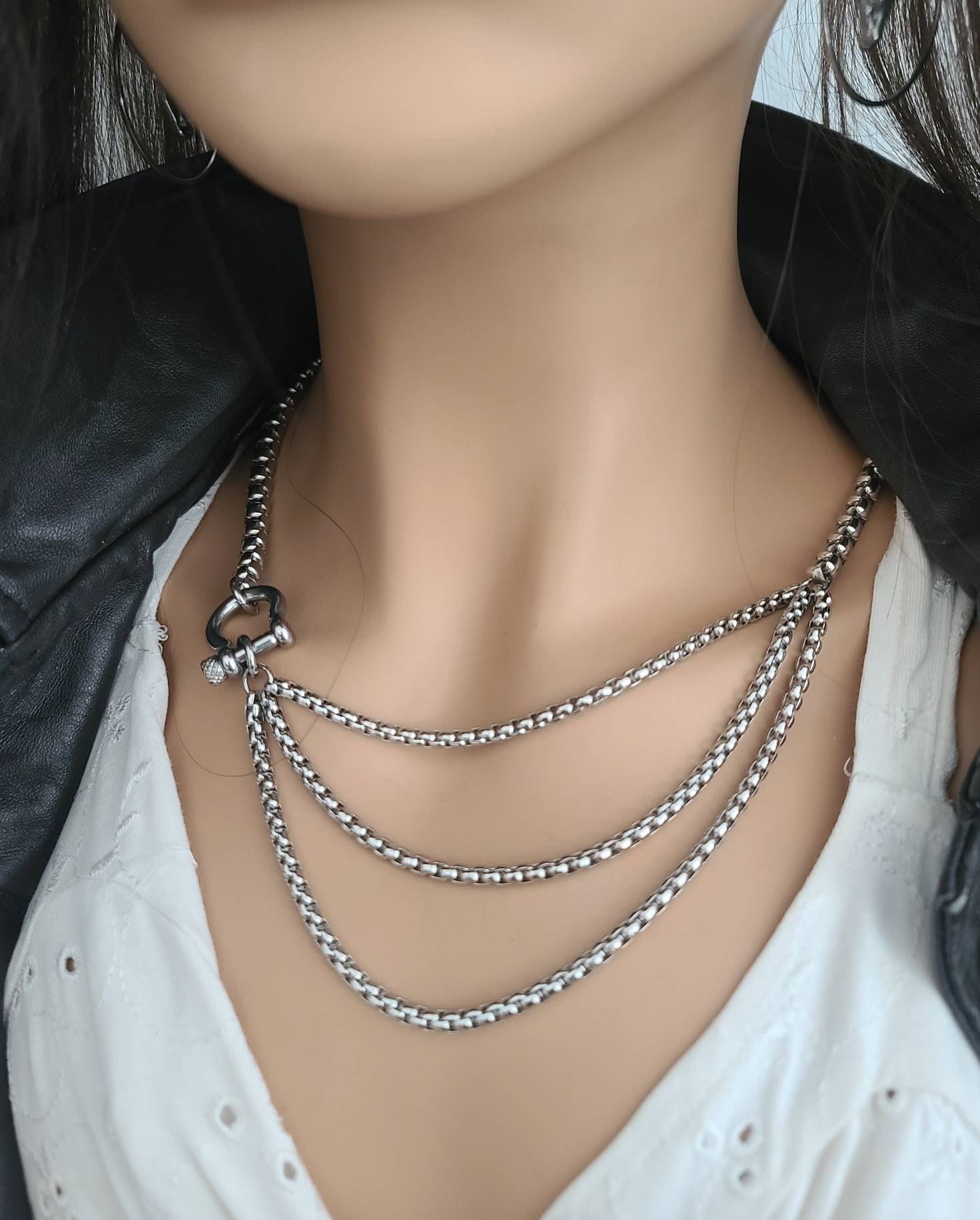 Qiuseadu 7th Moon Lock Pendant Necklace Statement Long Chain Punk  Multilayer Choker Necklace for Women Girls (Silver)