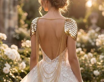 Gold Scalemail Fae Fantasy Shoulder Armor: Dragon Scale Viking Gala Wedding Accessory