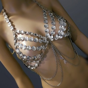 Crystal Gem Festival Rave Chain soutien-gorge Bralette Outfit Lingerie strass scintillante - Tenue de concert EDM, costume Burlesque Royal Fae Fantasy