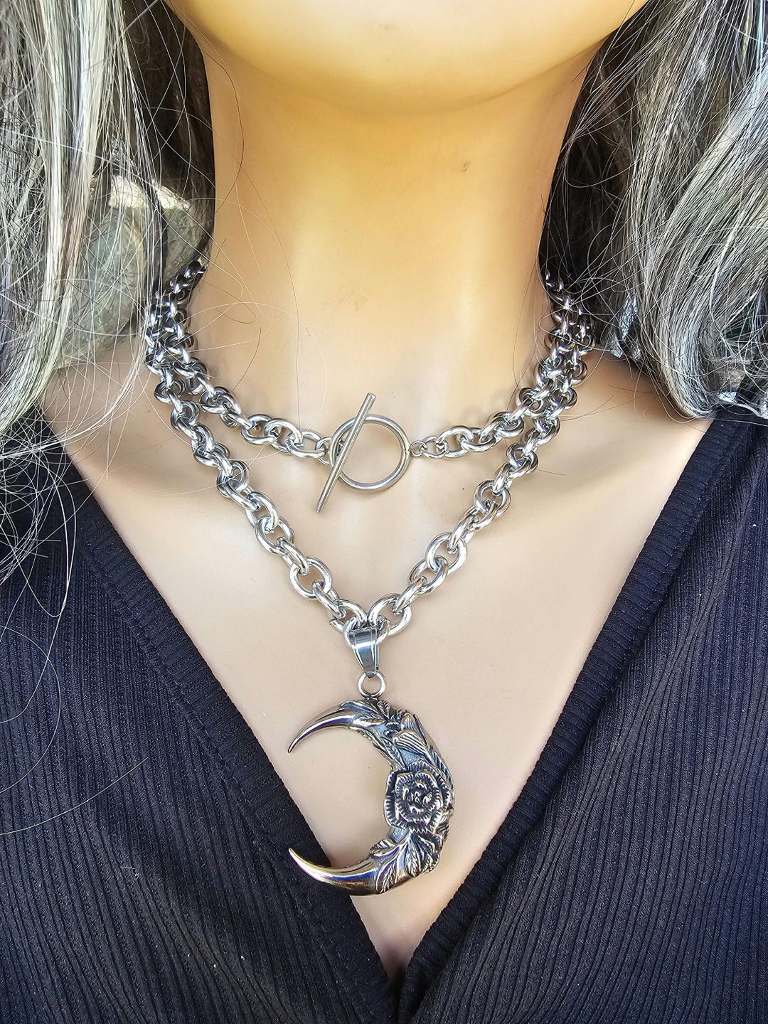 Steel Goth Moon Collar Choker Pagan Grunge Layered Toggle Necklace ...