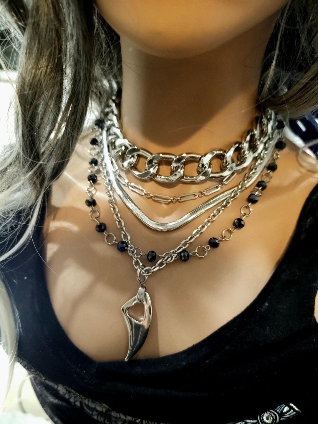 Chunky Chain Goth Choker: Stainless Steel Wolf Fang Layered Necklace ...