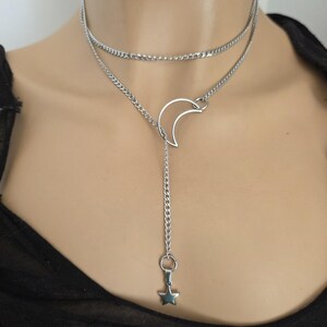Rostfritt stål Celestial Crescent Moon & Star Lariat justerbart wrap halsband, häxiga hedniska smycken