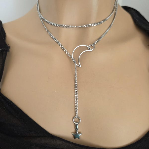 Rostfritt stål Celestial Crescent Moon & Star Lariat justerbart wrap halsband, häxiga hedniska smycken