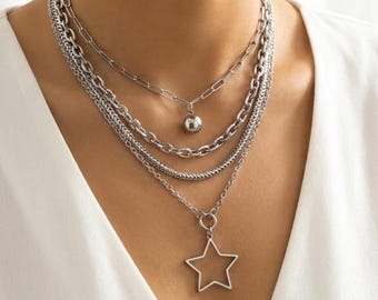 Steel Layered Necklace Set - Star Pendant - Gothic Celestial Jewelry - Multi Chain Adjustable 15-18 Inch