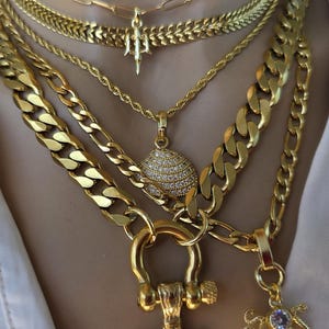 Gold Tritan Ocean Theme Layered Multi Strand Chunky Chain Pendant Necklace Set - Handmade Oversized Stacked statement jewelry gift for her