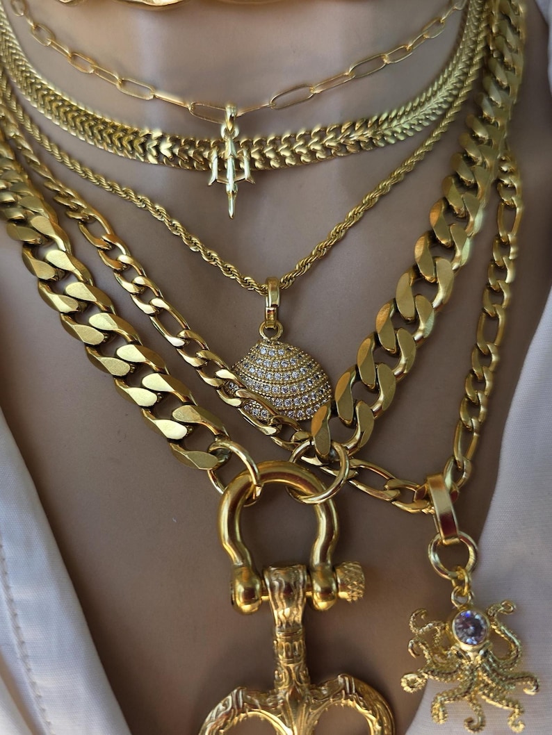 Gold Tritan Ocean Theme Layered Multi Strand Chunky Chain Pendant Necklace Set - Handmade Oversized Stacked statement jewelry gift for her