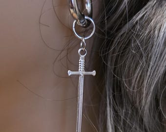 Sword Dangle Huggie Hoop Earrings: Stainless Steel Goth Punk Jewelry