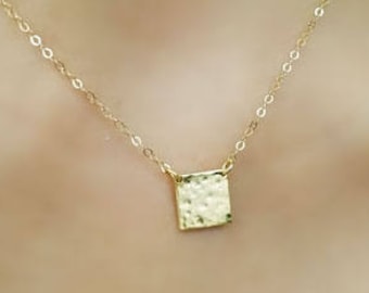 Gold Filled Hammered Square Pendant Necklace