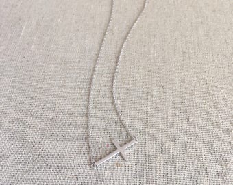 Sideways Cross Necklace, Sterling Silver, Minimalist Style