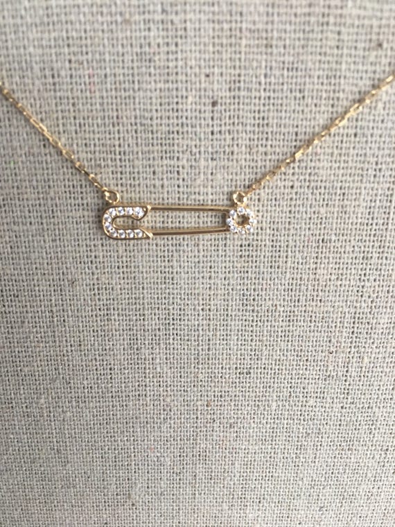 Dainty Safety Pin Charm Necklace, Yellow Gold Plated