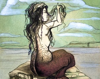 Mermaid in Green - by Sarah Carson | Intaglio Print, Ink, Watercolor | Giclée Fine Art Print | Original Sold