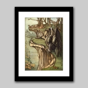 May include: Framed art print depicting a fantastical landscape with a dark creature on a cliff edge. The artwork uses brown, green, and black tones, with a figure resting on a distant ledge. The print is presented in a black frame.