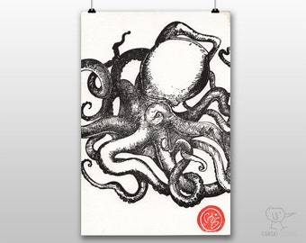 Octopus Print - Super Limited Run | Hand Pulled Relief Print on Textured Watercolor Paper | 6x9 Inches | Only 1 Left!