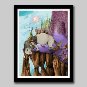 May include: A framed fantasy art print showing an alien rider on a large, furry animal in a purple landscape. The artwork features a light blue sky, pink orbs, and a distant city. The creature has a grey head and a white body.