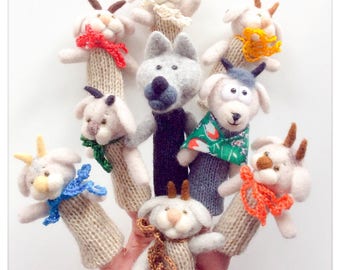 The wolf and the seven goats - finger wool puppets.