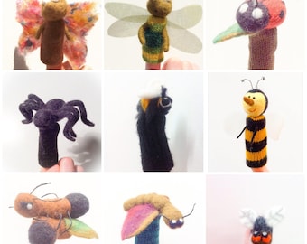 Insects - collection of 9 finger wool puppets.