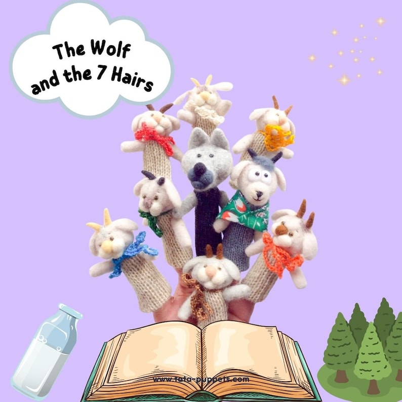 May include: A set of finger puppets featuring a wolf and seven goats. The puppets are made from felt and have embroidered details. The puppets are positioned on a hand, with the wolf in the centre and the goats surrounding it. The puppets are set against a purple background with a white cloud that says "The Wolf and the 7 Hairs".