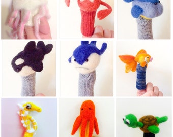 Animals of the seas and oceans - 9 finger wool puppets.