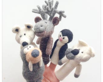 Greenland animals - lot of finger puppets in felted and knitted wool