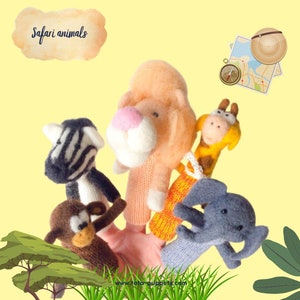 Puede incluir: Cinco marionetas de dedo coloridas que representan animales de safari: un león, una cebra, una jirafa, un mono y un elefante. Las marionetas están hechas de tela suave de punto y son perfectas para juegos imaginativos.