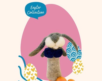 Easter Bunny finger wool puppet with a butterfly bow tie.