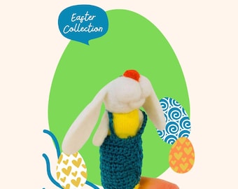 Easter Bunny finger wool puppet dressed in green overalls.