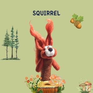 May include: A red felt finger puppet of a squirrel with a white face and black eyes. The squirrel is standing on a brown wooden stump with mushrooms growing around it. The word "SQUIRREL" is written in blue letters at the top of the image.