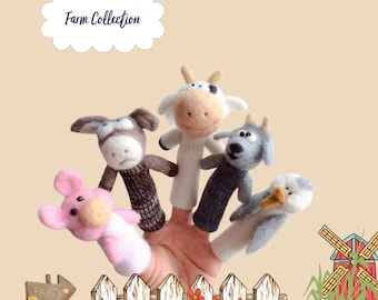 Farm animal finger puppets  in felted wool and knit