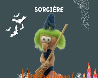 Marionetta da dito in lana fatta a mano - Strega - Collezione Halloween