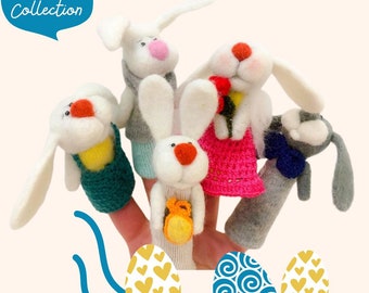 Easter Bunny family finger wool puppets - 5 finger wool puppets.