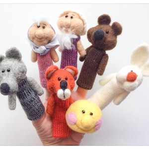 Galette roll (Kolobok) - finger puppets in felted wool and knitting; Finger wool puppets