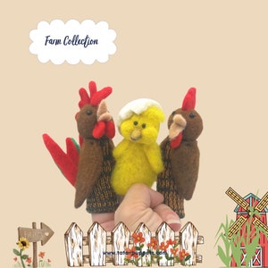 May include: Three finger puppets depicting a yellow chick and two brown chickens with red combs. The puppets are on a hand in front of a wooden fence with red flowers. The text "Farm Collection" is in a white thought bubble above the puppets. The text "www.tot-a-puppets.com" is below the fence.