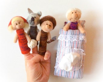 Little Red Riding Hood - felted wool and knitted finger puppets