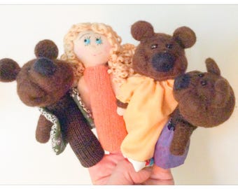 Finger puppets in wool felt and fabric "Goldilocks and three bears"