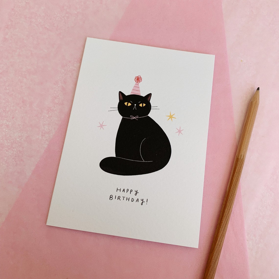 Happy Birthday Cat Card / Illustrated Cat Greetings Card, Black Cat