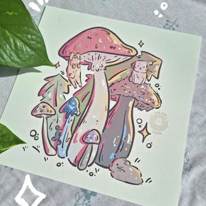 Stampa artistica di funghi | adorabile illustrazione di fungo cottagecore e coniglio, stampa artistica su carta di alta qualità, carina arte di animali e natura