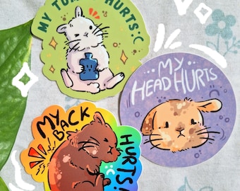 my head/tummy/back hurts - bunny stickers | chronic pain | cute and adorable rabbit illustration, invisible disability, chronically ill