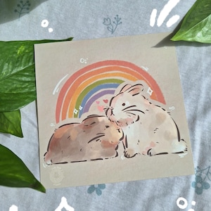 Stampa artistica arcobaleno "Cuddle Bun" | Simpatiche e adorabili stampe artistiche di coniglietti su carta di alta qualità, illustrazione di un coniglio domestico