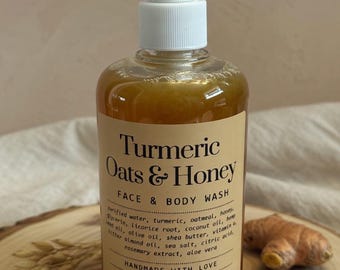 Turmeric Oatmeal Honey Liquid Soap – Brightening Face & Body Wash – Licorice Root Shea Butter Skin Nourishing Cleanser