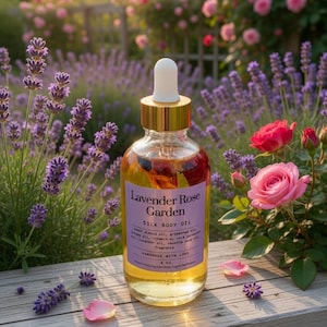 Puede incluir: Una botella de vidrio transparente de Lavender Rose Garden Silk Body Oil con tapa dorada y cuentagotas blanco. La etiqueta es morada con texto blanco. El fondo presenta lavanda y rosas rosas en un banco de madera.