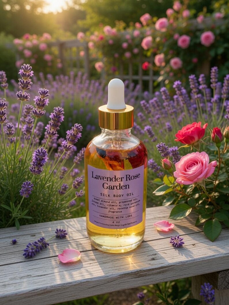 Puede incluir: Una botella de vidrio transparente de Lavender Rose Garden Silk Body Oil con tapa dorada y cuentagotas blanco. La etiqueta es morada con texto blanco. El fondo presenta lavanda y rosas rosas en un banco de madera.