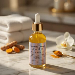 Puede incluir: Una botella de vidrio transparente de aceite facial y corporal Turmeric Golden Glow Elixir con un cuentagotas dorado. La etiqueta enumera ingredientes como aceite de almendras dulces y c&uacute;rcuma. La botella est&aacute; sobre una superficie de m&aacute;rmol.