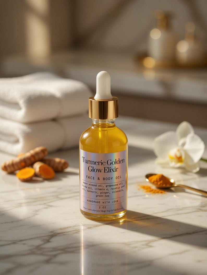 Puede incluir: Una botella de vidrio transparente de aceite facial y corporal Turmeric Golden Glow Elixir con un cuentagotas dorado. La etiqueta enumera ingredientes como aceite de almendras dulces y c&uacute;rcuma. La botella est&aacute; sobre una superficie de m&aacute;rmol.